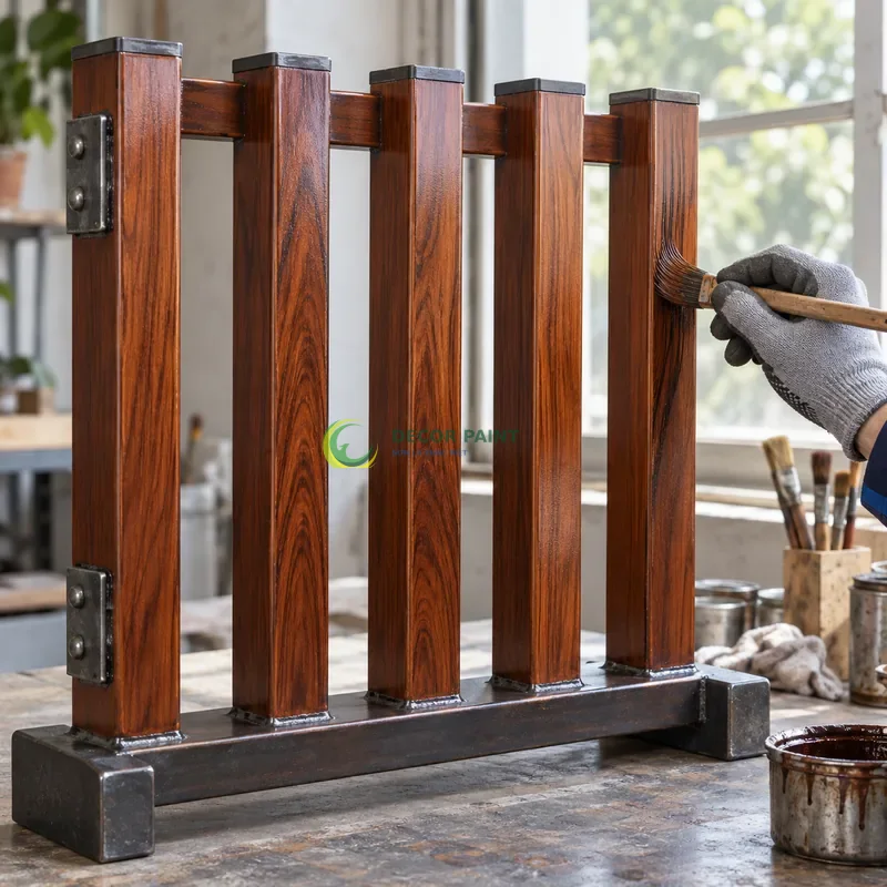Mẫu sắt thép sơn giả gỗ cánh gián, năm thanh đứng trên giá mẫu thấp, minh hoạ thao tác tạo vân trên lớp lót, góc cận bên phải thấy rõ chiều sâu thanh.