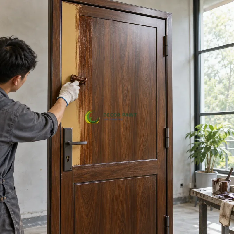 Cửa sắt thép 1 cánh sơn giả gỗ óc chó sẫm, panô dài phía trên và ô thấp phía dưới, minh hoạ thao tác tạo vân trên lớp lót, góc chéo vừa, làm rõ mối ghép.