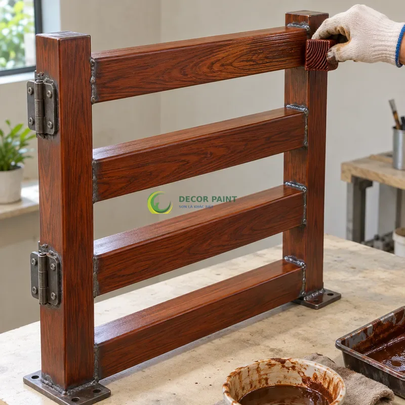 Mẫu sắt thép sơn giả gỗ cánh gián, khung mẫu có bốn thanh ngang, minh hoạ thao tác tạo vân trên lớp lót, góc cao nhẹ thấy trọn môđun mẫu.
