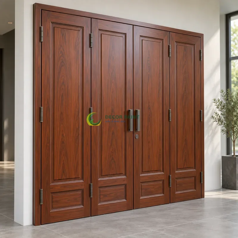 Cửa sắt thép 4 cánh sơn giả gỗ cánh gián, ba panô đứng và thanh chân hẹp, không gian trưng bày mẫu tường trắng, góc ba phần tư từ bên trái.