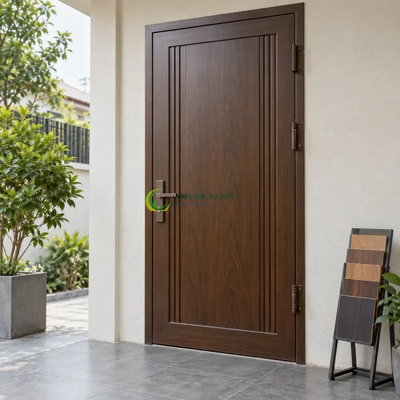 Cửa sắt thép 1 cánh sơn giả gỗ óc chó sẫm, tấm giữa rộng và gân dọc mảnh, với mẫu màu để tham khảo lựa chọn, góc nghiêng nhẹ, rõ cạnh phía trước.
