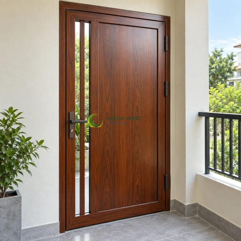 Cửa sắt thép 1 cánh sơn giả gỗ cánh gián, panô giữa rộng và dải nan thoáng hẹp, góc ban công có mái che và tường ngà, góc chếch từ trên xuống.