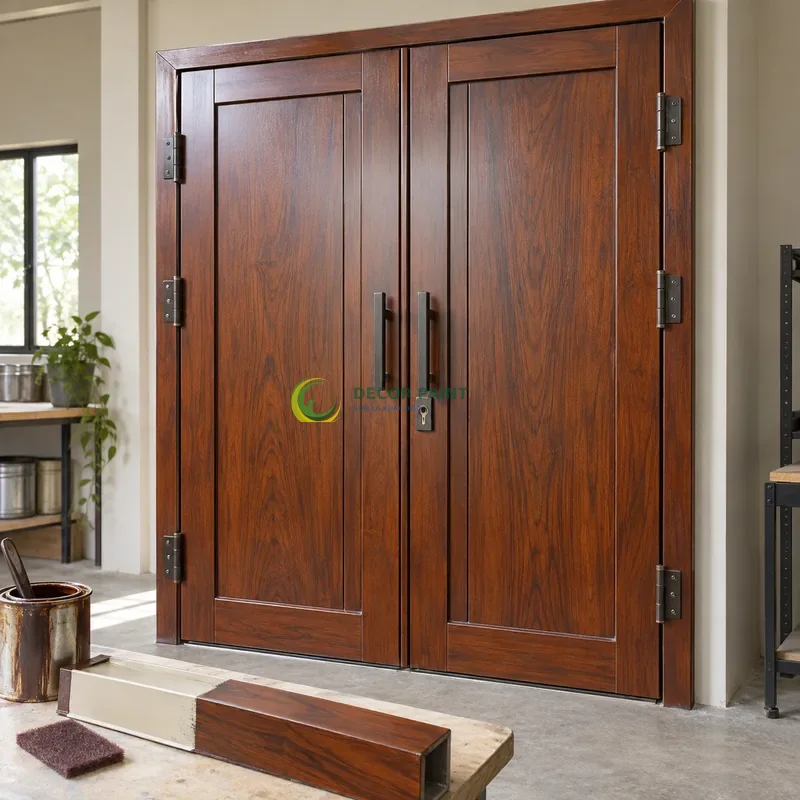 Cửa sắt thép 2 cánh sơn giả gỗ cánh gián, panô phẳng và hai dải dọc hai bên, minh hoạ chuẩn bị bề mặt và lớp sơn hoàn thiện, góc chếch từ trên xuống.