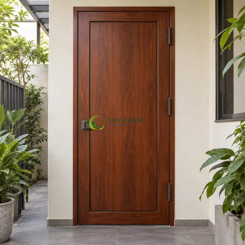 Cửa sắt thép 1 cánh sơn giả gỗ cánh gián, panô phẳng có viền chữ nhật nhỏ, lối đi có mái che sát vườn nhỏ, góc thấp vừa, thấy trọn chủ thể.