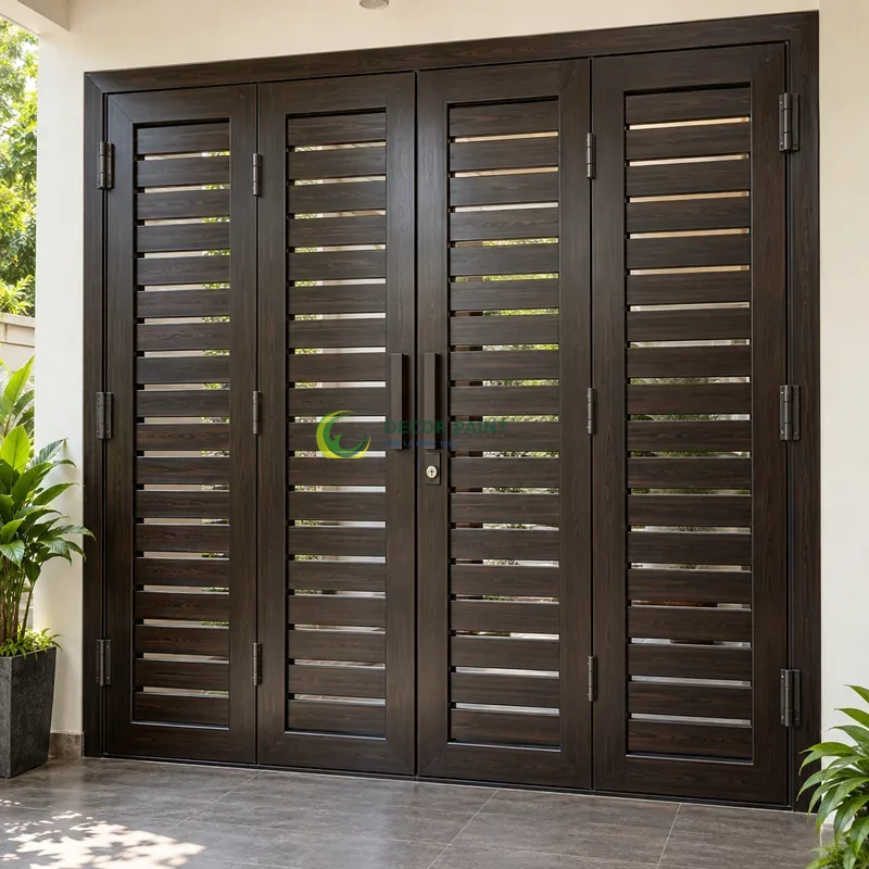 Cửa sắt thép 4 cánh sơn giả gỗ đen đậm, nan sắt ngang nằm trong khung âm, lối đi có mái che sát vườn nhỏ, góc thấp vừa, thấy trọn chủ thể.
