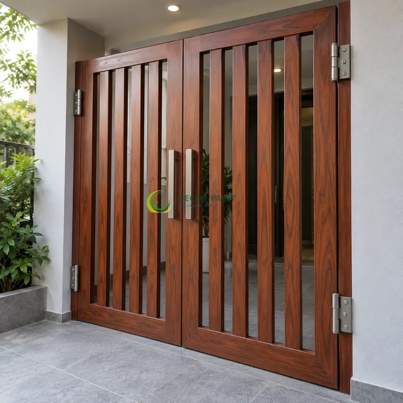 Cửa sắt thép 2 cánh sơn giả gỗ cánh gián, khung phẳng với nan dọc hẹp, sảnh nhỏ hiện đại có tường xám nhạt, góc ba phần tư từ bên phải.