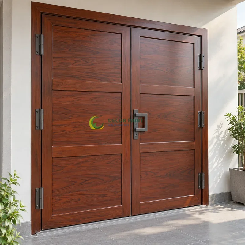 Cửa sắt thép 2 cánh sơn giả gỗ cánh gián, ba ô ngang rộng trong khung sắt, góc thi công nhà ở gọn gàng, góc nghiêng nhẹ, rõ cạnh phía trước.