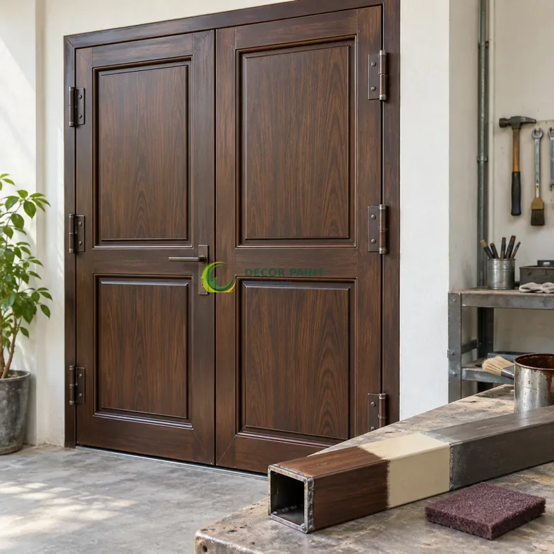 Cửa sắt thép 2 cánh sơn giả gỗ óc chó sẫm, hai panô chữ nhật trên mỗi cánh, minh hoạ chuẩn bị bề mặt và lớp sơn hoàn thiện, góc ba phần tư từ bên phải.