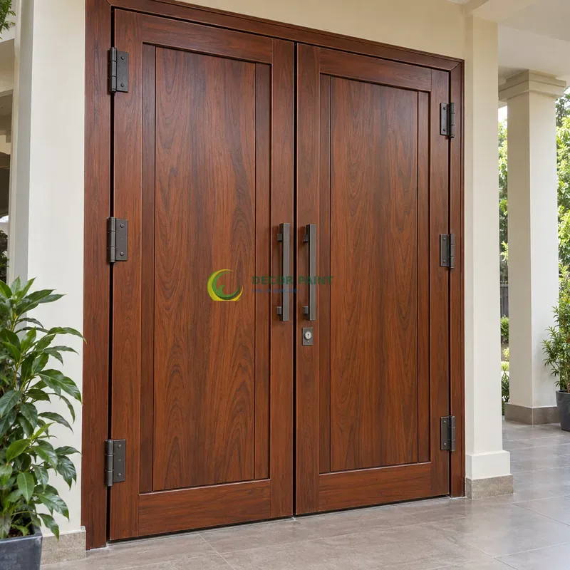 Cửa sắt thép 2 cánh sơn giả gỗ cánh gián, panô phẳng và hai dải dọc hai bên, hiên nhà sáng có cây xanh phía xa, góc chính diện cân đối.