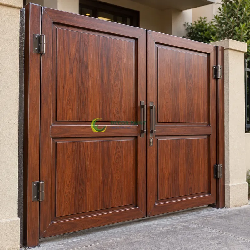 Cửa sắt thép 2 cánh sơn giả gỗ cánh gián, hai panô chữ nhật trên mỗi cánh, mặt tiền nhà phố tông cát nhạt, góc chéo vừa, làm rõ mối ghép.