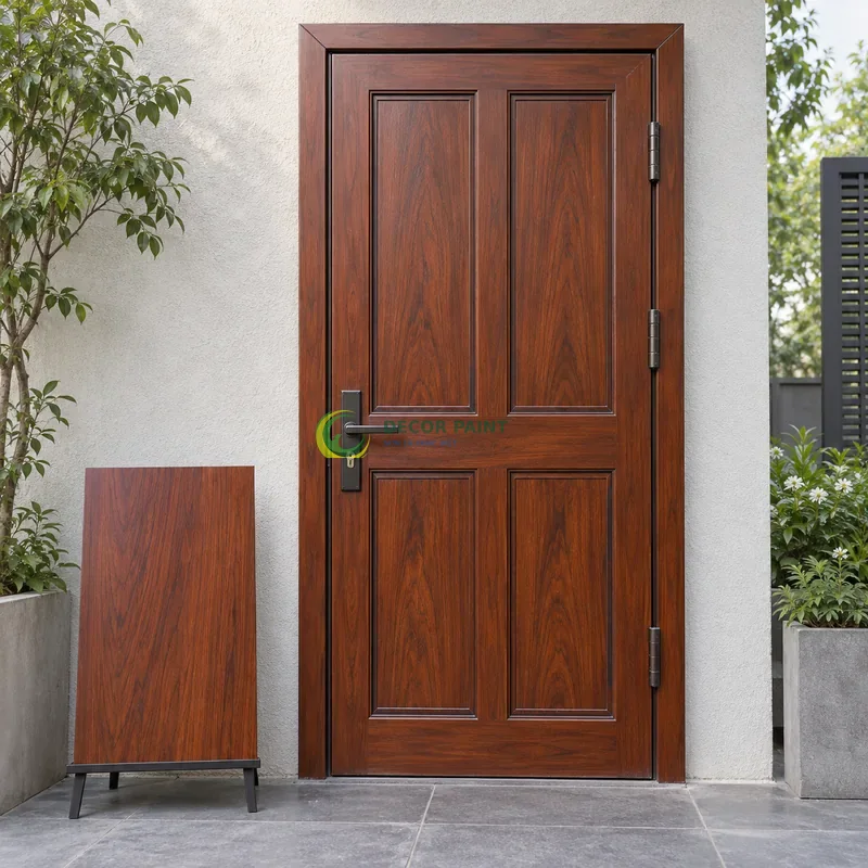Cửa sắt thép 1 cánh sơn giả gỗ cánh gián, bốn ô chữ nhật cân đối trên mỗi cánh, với mẫu màu để tham khảo lựa chọn, góc thấp vừa, thấy trọn chủ thể.