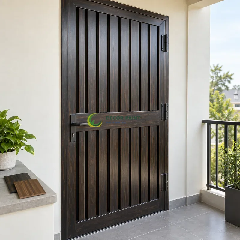 Cửa sắt thép 1 cánh sơn giả gỗ đen đậm, nan dọc có thanh ngang tạo điểm nhấn, với mẫu màu để tham khảo lựa chọn, góc ba phần tư từ bên trái.