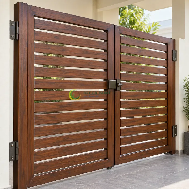 Cổng sắt thép 2 cánh sơn giả gỗ cánh gián, nan sắt ngang nằm trong khung âm, góc ban công có mái che và tường ngà, góc ba phần tư từ bên trái.