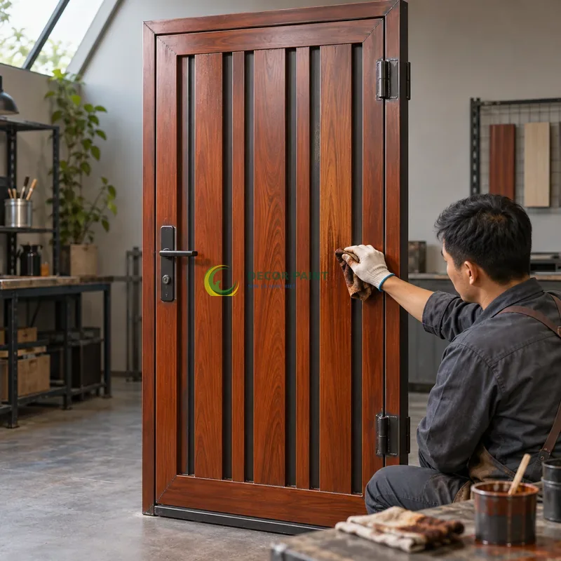 Cửa sắt thép 1 cánh sơn giả gỗ cánh gián, nan dọc rộng hẹp xen kẽ, minh hoạ thao tác tạo vân trên lớp lót, góc ba phần tư từ bên phải.