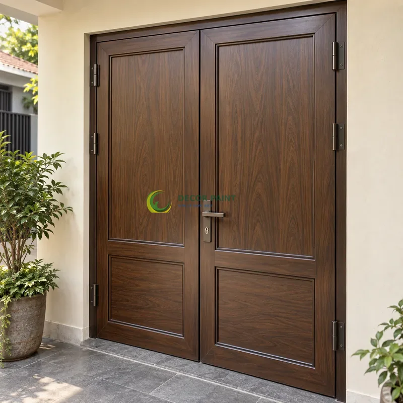 Cửa sắt thép 2 cánh sơn giả gỗ óc chó sẫm, panô dài phía trên và ô thấp phía dưới, lối vào nhà phố có tường sáng, góc chếch từ trên xuống.