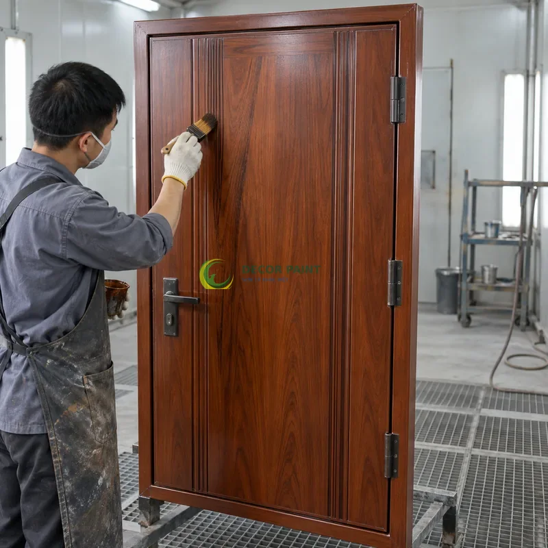Cửa sắt thép 1 cánh sơn giả gỗ cánh gián, tấm giữa rộng và gân dọc mảnh, minh hoạ thao tác tạo vân trên lớp lót, góc chếch từ trên xuống.