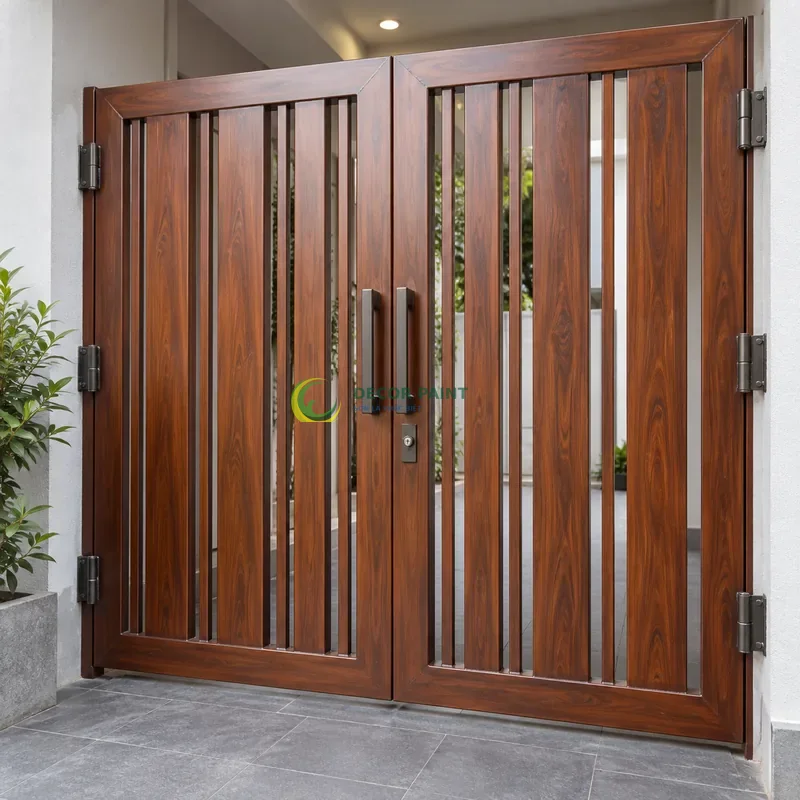Cửa sắt thép 2 cánh sơn giả gỗ cánh gián, nan dọc rộng hẹp xen kẽ, sảnh nhỏ hiện đại có tường xám nhạt, góc chéo vừa, làm rõ mối ghép.