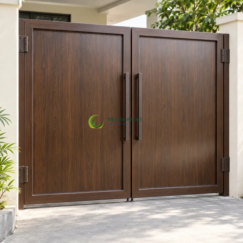 Cổng sắt thép 2 cánh sơn giả gỗ óc chó sẫm, panô lớn với viền khung sâu, sân trong có nền xi măng trung tính, góc chính diện cân đối.