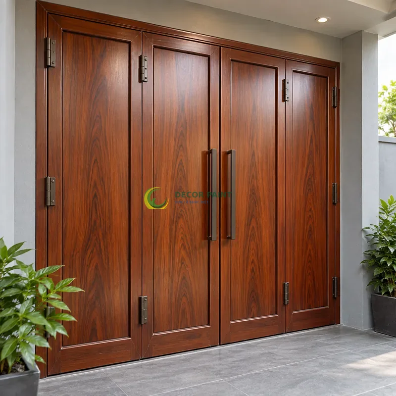 Cửa sắt thép 4 cánh sơn giả gỗ cánh gián, panô lớn với viền khung sâu, sảnh nhỏ hiện đại có tường xám nhạt, góc chéo vừa, làm rõ mối ghép.