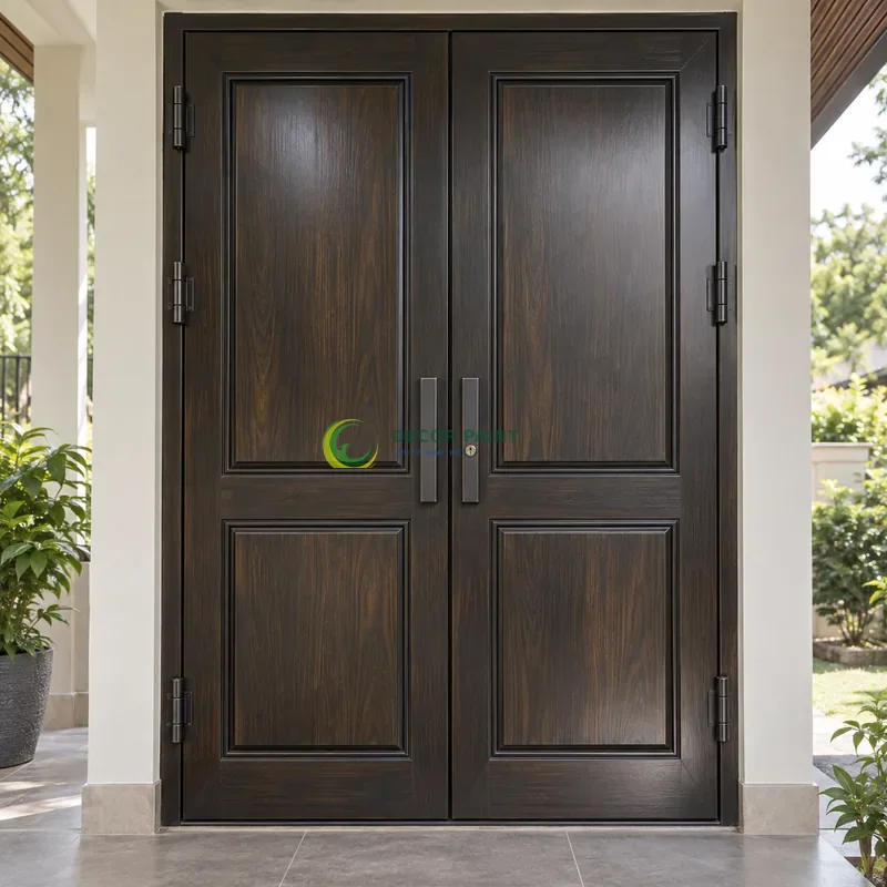 Cửa sắt thép 2 cánh sơn giả gỗ đen đậm, hai panô chữ nhật trên mỗi cánh, hiên nhà sáng có cây xanh phía xa, góc gần chính diện, thấy rõ kết cấu.