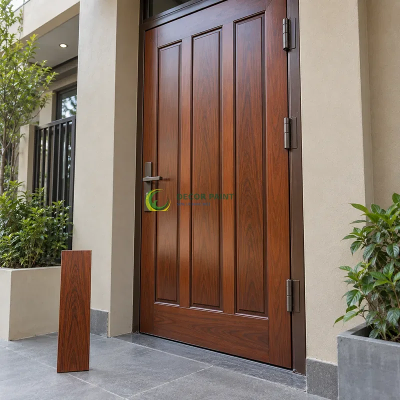 Cửa sắt thép 1 cánh sơn giả gỗ cánh gián, ba panô đứng và thanh chân hẹp, với mẫu màu để tham khảo lựa chọn, góc ba phần tư từ bên phải.