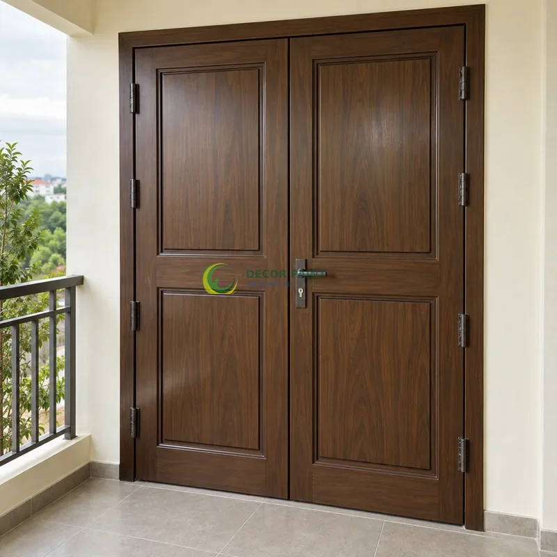 Cửa sắt thép 2 cánh sơn giả gỗ óc chó sẫm, bốn ô chữ nhật cân đối trên mỗi cánh, góc ban công có mái che và tường ngà, góc chếch từ trên xuống.