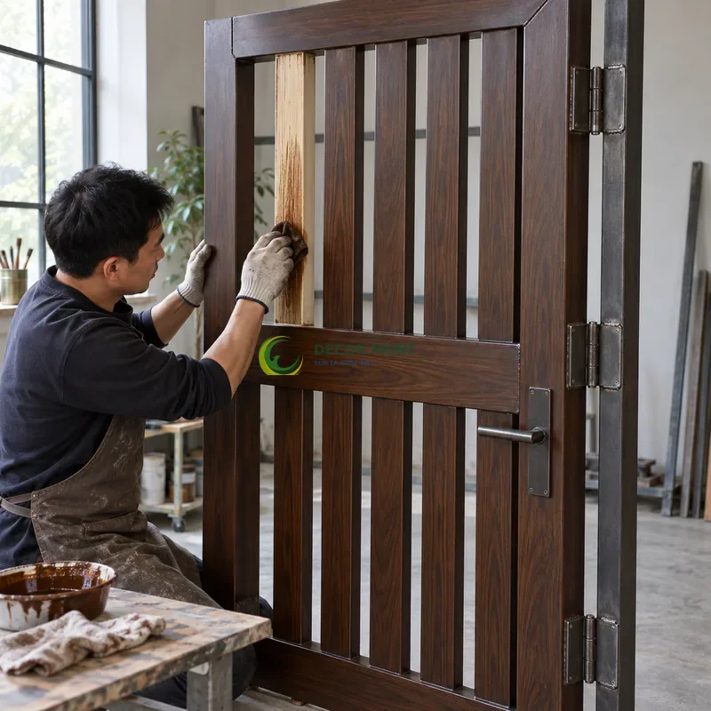 Cửa sắt thép 1 cánh sơn giả gỗ óc chó sẫm, nan dọc có thanh ngang tạo điểm nhấn, minh hoạ thao tác tạo vân trên lớp lót, góc chéo vừa, làm rõ mối ghép.
