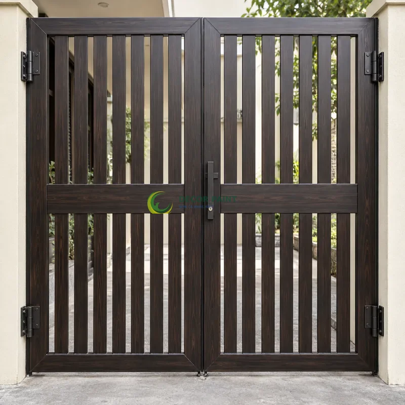 Cửa sắt thép 2 cánh sơn giả gỗ đen đậm, nan dọc có thanh ngang tạo điểm nhấn, sân trong có nền xi măng trung tính, góc gần chính diện, thấy rõ kết cấu.