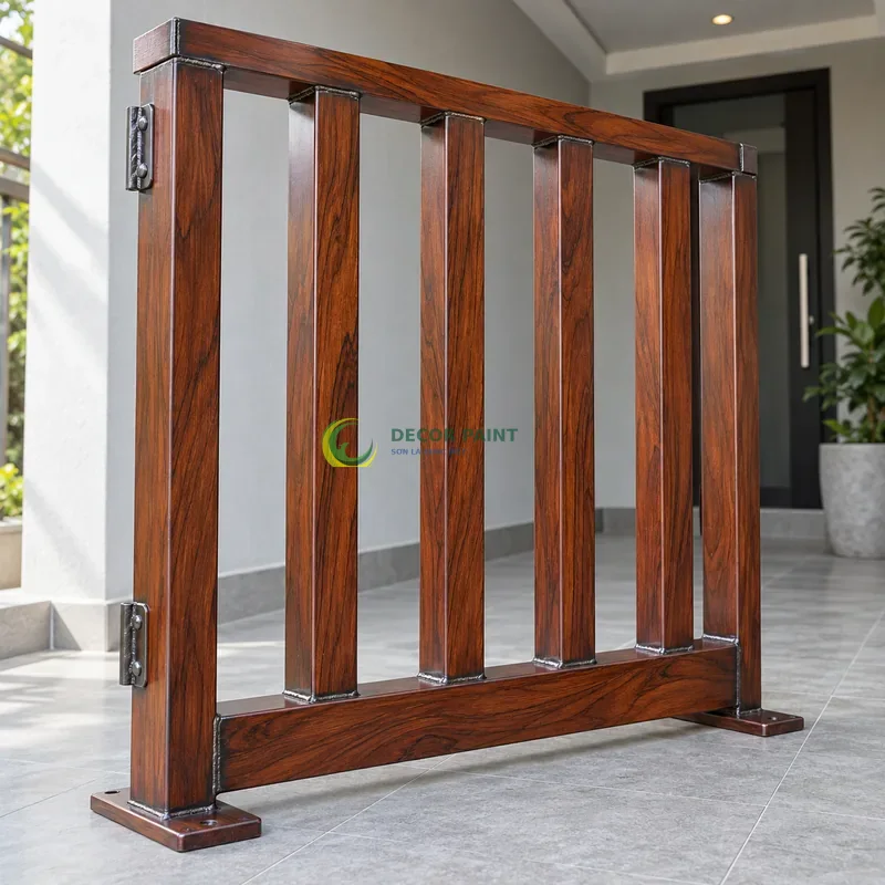Mẫu sắt thép sơn giả gỗ cánh gián, năm thanh đứng trên giá mẫu thấp, sảnh nhỏ hiện đại có tường xám nhạt, góc cận ngang tầm vật mẫu.
