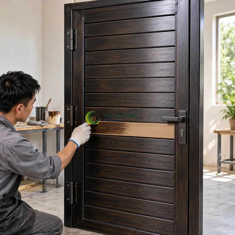 Cửa sắt thép 1 cánh sơn giả gỗ đen đậm, nan sắt ngang nằm trong khung âm, minh hoạ thao tác tạo vân trên lớp lót, góc ba phần tư từ bên trái.