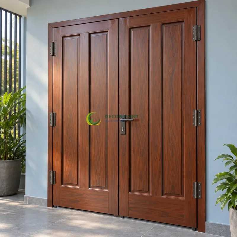Cửa sắt thép 2 cánh sơn giả gỗ cánh gián, ba panô đứng và thanh chân hẹp, góc trưng bày có tường xanh xám nhạt, góc ba phần tư từ bên phải.