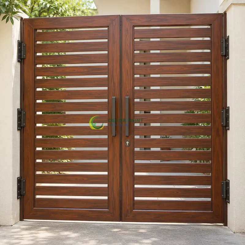 Cửa sắt thép 2 cánh sơn giả gỗ cánh gián, nan sắt ngang nằm trong khung âm, sân trong có nền xi măng trung tính, góc chính diện cân đối.