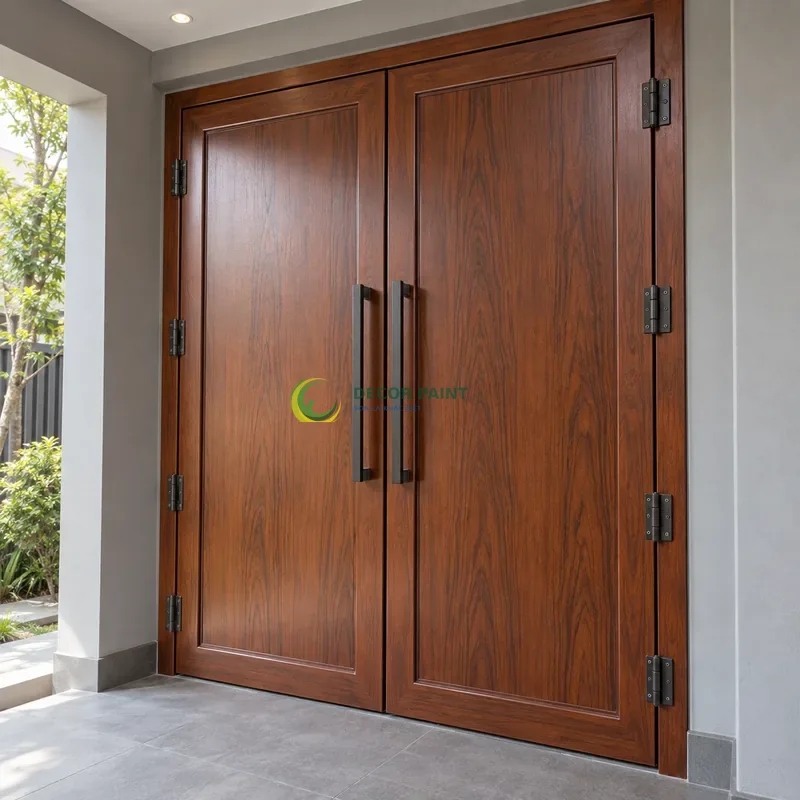 Cửa sắt thép 2 cánh sơn giả gỗ cánh gián, panô lớn với viền khung sâu, sảnh nhỏ hiện đại có tường xám nhạt, góc chéo vừa, làm rõ mối ghép.