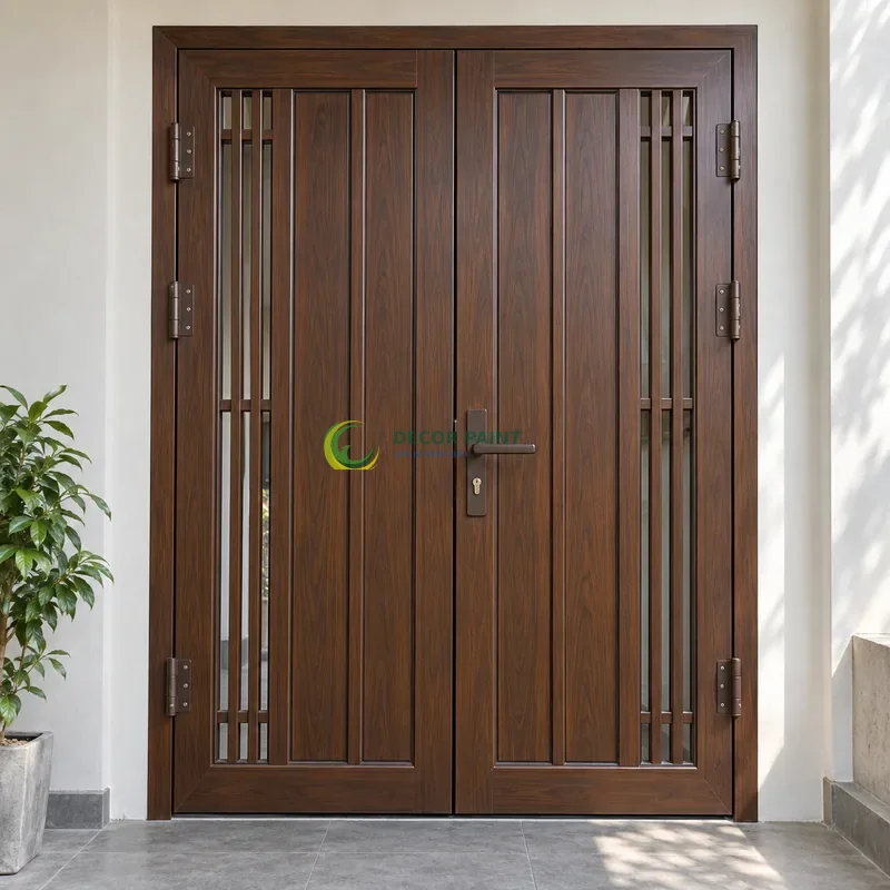 Cửa sắt thép 2 cánh sơn giả gỗ óc chó sẫm, cặp gân dọc mảnh trên nền panô phẳng, góc thi công nhà ở gọn gàng, góc thấp vừa, thấy trọn chủ thể.