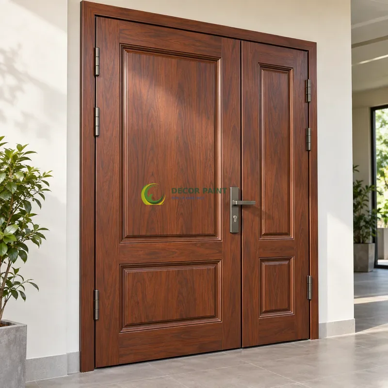 Cửa sắt thép 2 cánh sơn giả gỗ cánh gián, panô chữ nhật có tỷ lệ rộng hẹp khác nhau, không gian trưng bày mẫu tường trắng, góc ba phần tư từ bên trái.