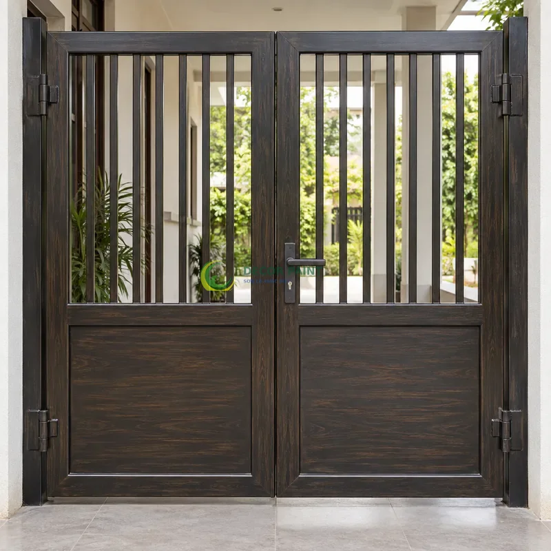 Cửa sắt thép 2 cánh sơn giả gỗ đen đậm, panô kín phía dưới và nan thoáng phía trên, hiên nhà sáng có cây xanh phía xa, góc gần chính diện, thấy rõ kết cấu.