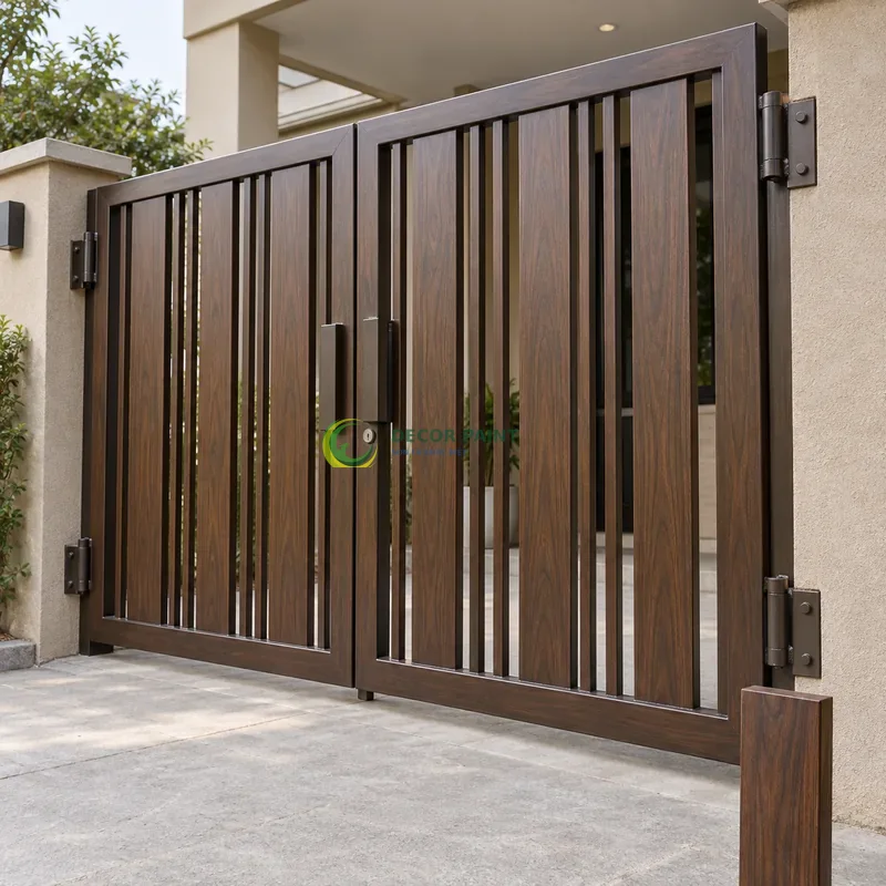 Cổng sắt thép 2 cánh sơn giả gỗ óc chó sẫm, nan dọc rộng hẹp xen kẽ, với mẫu màu để tham khảo lựa chọn, góc ba phần tư từ bên phải.