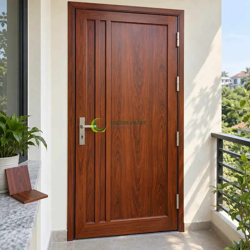 Cửa sắt thép 1 cánh sơn giả gỗ cánh gián, cặp gân dọc mảnh trên nền panô phẳng, với mẫu màu để tham khảo lựa chọn, góc chếch từ trên xuống.