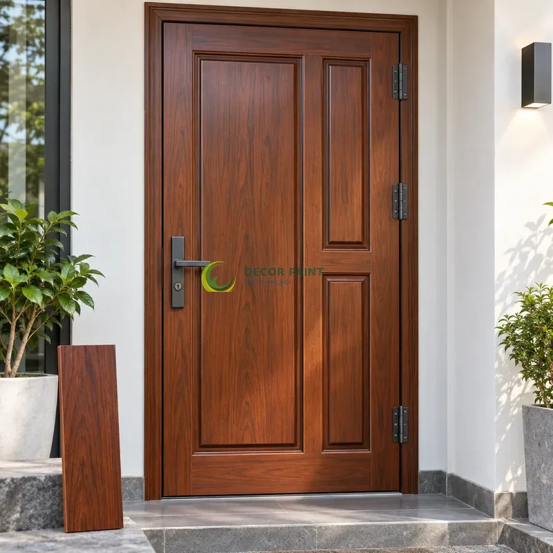 Cửa sắt thép 1 cánh sơn giả gỗ cánh gián, panô chữ nhật có tỷ lệ rộng hẹp khác nhau, với mẫu màu để tham khảo lựa chọn, góc chính diện cân đối.