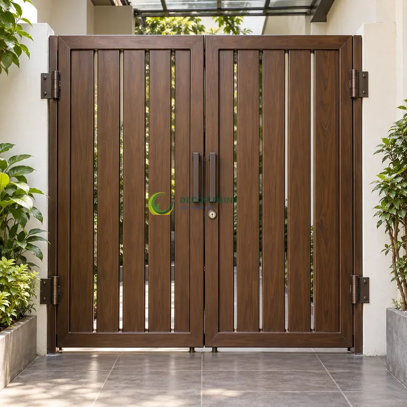 Cửa sắt thép 2 cánh sơn giả gỗ óc chó sẫm, lá sắt dọc rộng với cạnh vát nhẹ, lối đi có mái che sát vườn nhỏ, góc thấp vừa, thấy trọn chủ thể.