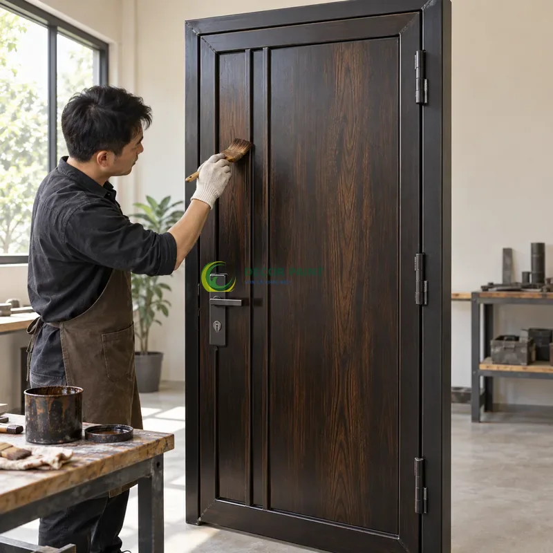 Cửa sắt thép 1 cánh sơn giả gỗ đen đậm, cặp gân dọc mảnh trên nền panô phẳng, minh hoạ thao tác tạo vân trên lớp lót, góc ba phần tư từ bên trái.