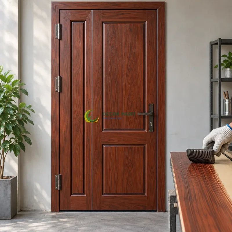 Cửa sắt thép 1 cánh sơn giả gỗ cánh gián, panô chữ nhật có tỷ lệ rộng hẹp khác nhau, minh hoạ thao tác tạo vân trên lớp lót, góc gần chính diện, thấy rõ kết cấu.