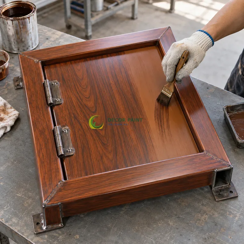 Mẫu sắt thép sơn giả gỗ cánh gián, panô âm trong khung nổi, minh hoạ thao tác tạo vân trên lớp lót, góc gần từ trên xuống của bàn thao tác.
