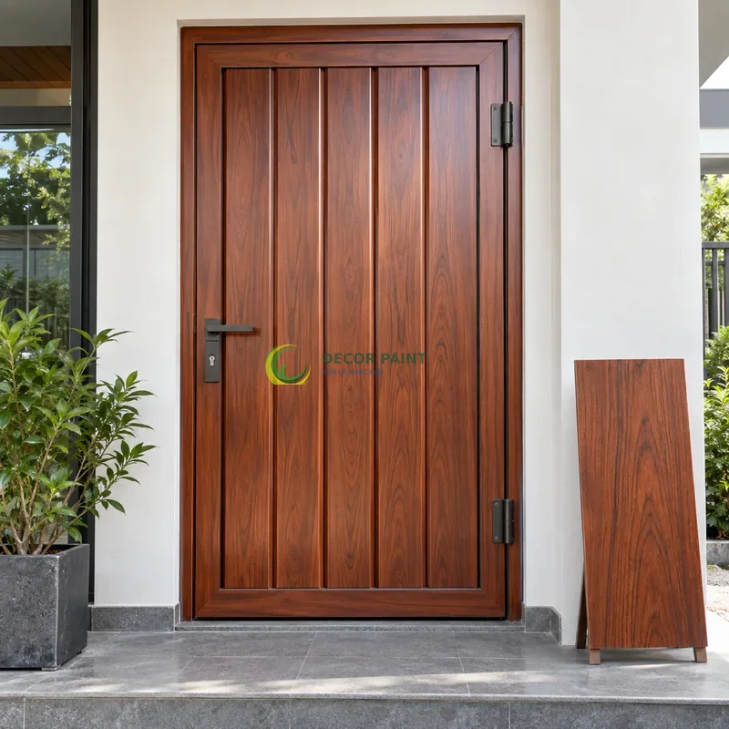 Cửa sắt thép 1 cánh sơn giả gỗ cánh gián, lá sắt dọc rộng với cạnh vát nhẹ, với mẫu màu để tham khảo lựa chọn, góc gần chính diện, thấy rõ kết cấu.