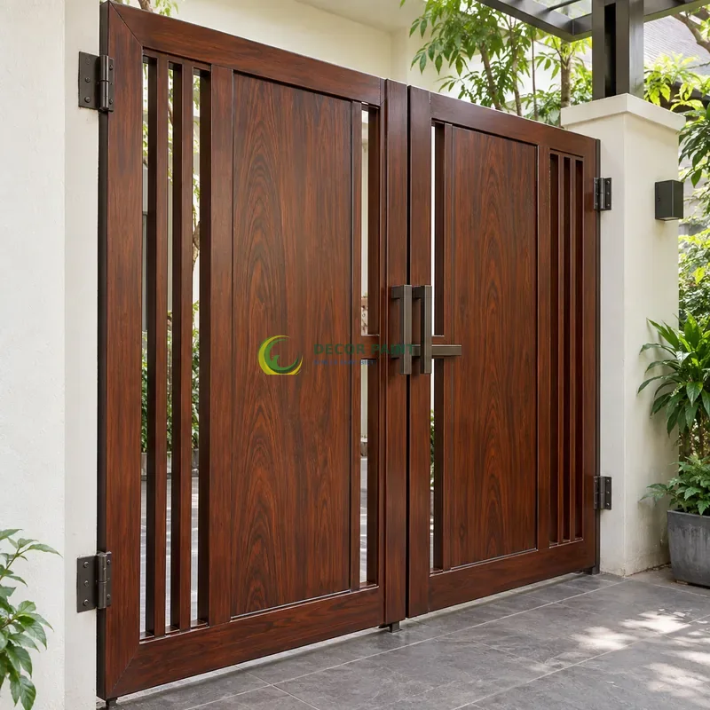Cửa sắt thép 2 cánh sơn giả gỗ cánh gián, panô giữa rộng và dải nan thoáng hẹp, lối đi có mái che sát vườn nhỏ, góc nghiêng nhẹ, rõ cạnh phía trước.