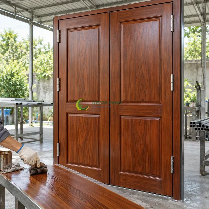 Cửa sắt hộp mạ kẽm 2 cánh sơn giả gỗ cánh gián, hai panô chữ nhật trên mỗi cánh, minh hoạ thao tác tạo vân trên lớp lót, góc nghiêng nhẹ, rõ cạnh phía trước.