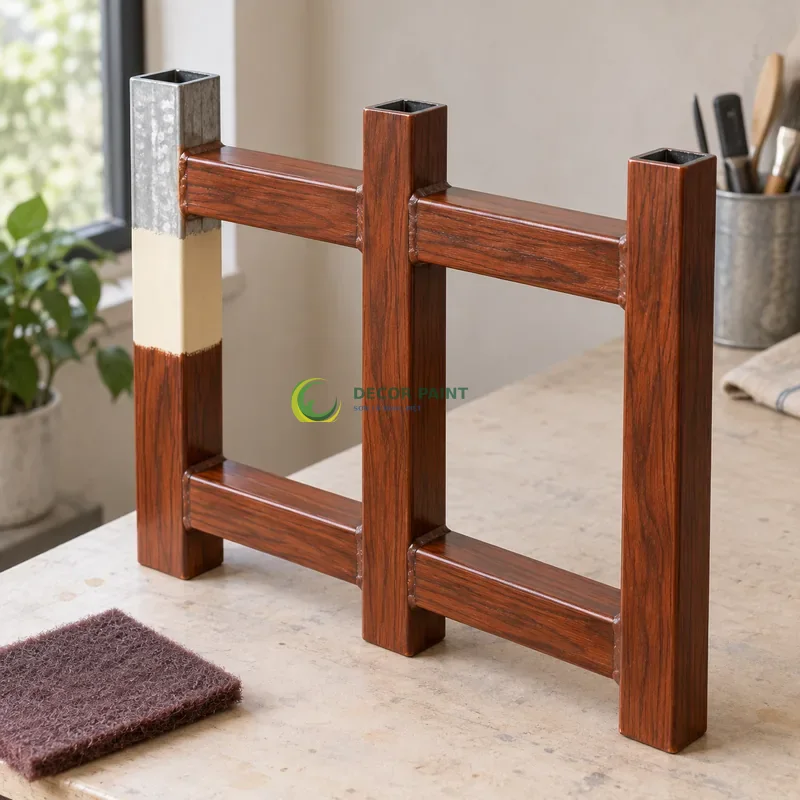Mẫu sắt hộp mạ kẽm sơn giả gỗ cánh gián, ba thanh hộp vuông có hai thanh giằng, minh hoạ chuẩn bị bề mặt và lớp sơn hoàn thiện, góc cận bên phải thấy rõ chiều sâu thanh.