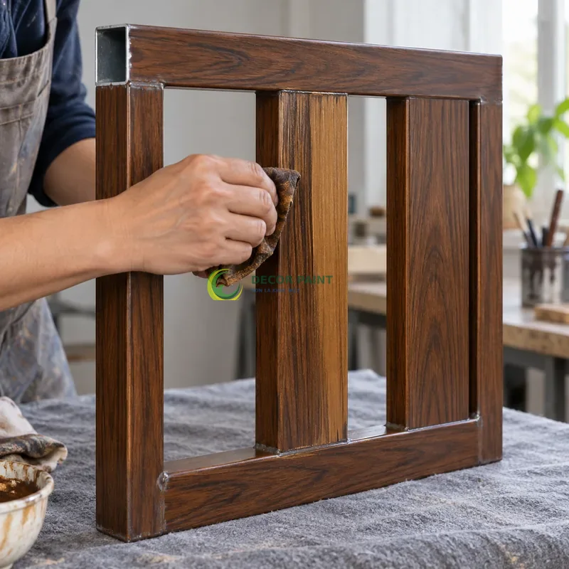 Mẫu sắt hộp mạ kẽm sơn giả gỗ óc chó sẫm, khung chữ nhật có ba lá dọc rộng, minh hoạ thao tác tạo vân trên lớp lót, góc cận bên trái với vật mẫu dựng đứng.