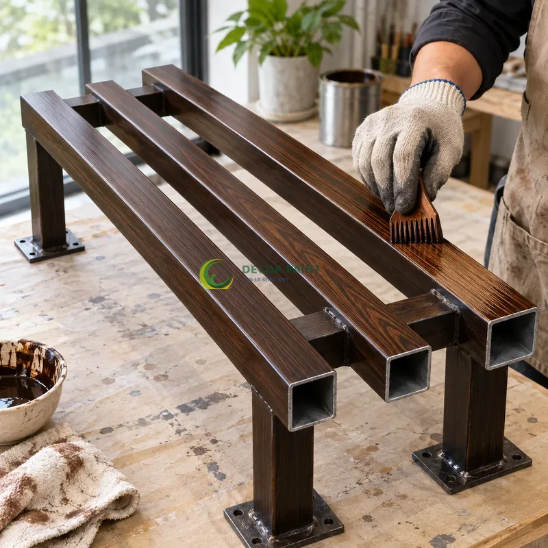 Mẫu sắt hộp mạ kẽm sơn giả gỗ đen đậm, ba thanh hộp vuông có hai thanh giằng, minh hoạ thao tác tạo vân trên lớp lót, góc cao nhẹ thấy trọn môđun mẫu.