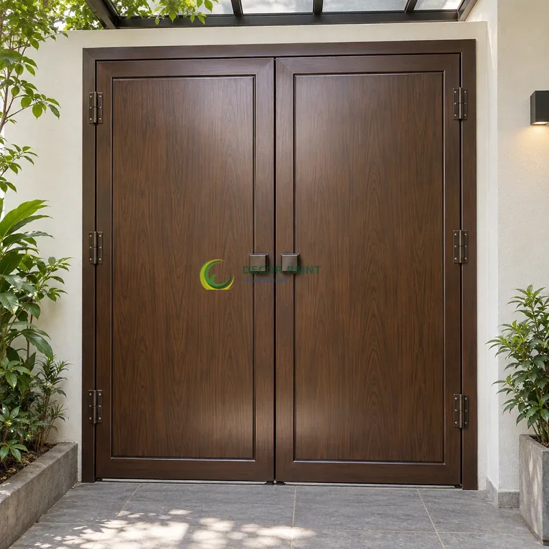 Cửa sắt thép 2 cánh sơn giả gỗ óc chó sẫm, panô phẳng có viền chữ nhật nhỏ, lối đi có mái che sát vườn nhỏ, góc thấp vừa, thấy trọn chủ thể.